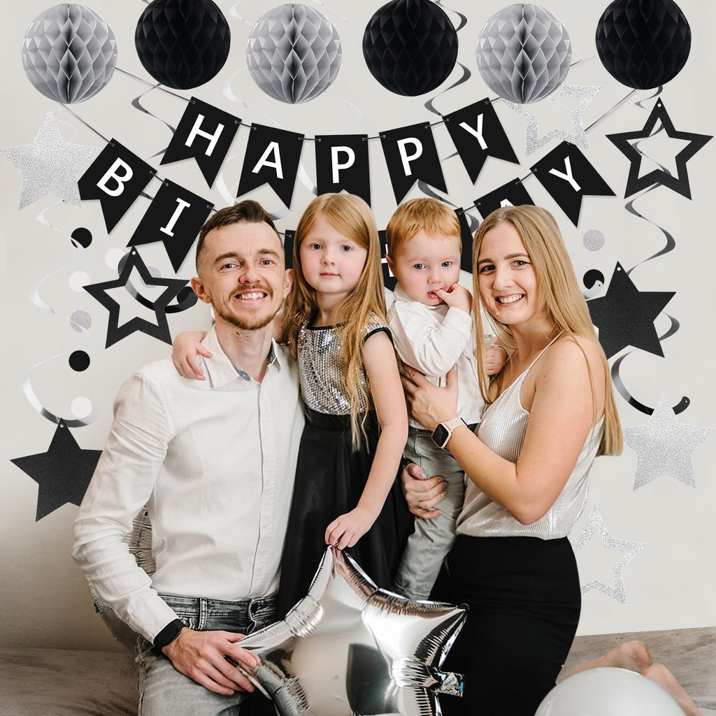 meowtastic Black & Silver Birthday Party Decoration Set – 16-Piece Includes Banner, Honeycomb Balls, Star Streamers, Circle Dot Garland