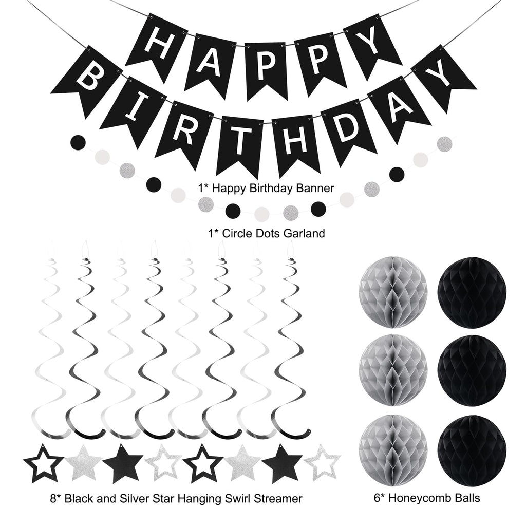 meowtastic Black & Silver Birthday Party Decoration Set – 16-Piece Includes Banner, Honeycomb Balls, Star Streamers, Circle Dot Garland