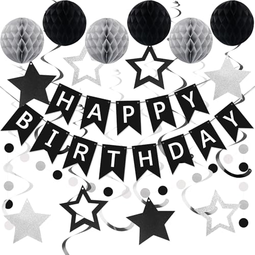 meowtastic Black & Silver Birthday Party Decoration Set – 16-Piece Includes Banner, Honeycomb Balls, Star Streamers, Circle Dot Garland