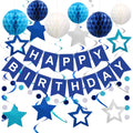 Meowtastic Blue Birthday Decorations Set – Banner, Honeycomb Balls, Stars Streamers & Circle Dots Garland