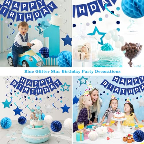 Meowtastic Blue Birthday Decorations Set – Banner, Honeycomb Balls, Stars Streamers & Circle Dots Garland