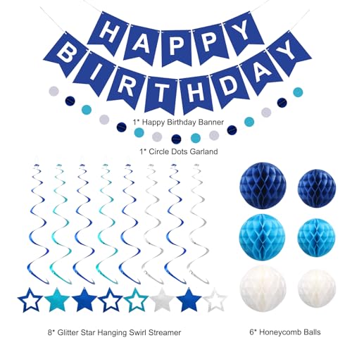 Meowtastic Blue Birthday Decorations Set – Banner, Honeycomb Balls, Stars Streamers & Circle Dots Garland