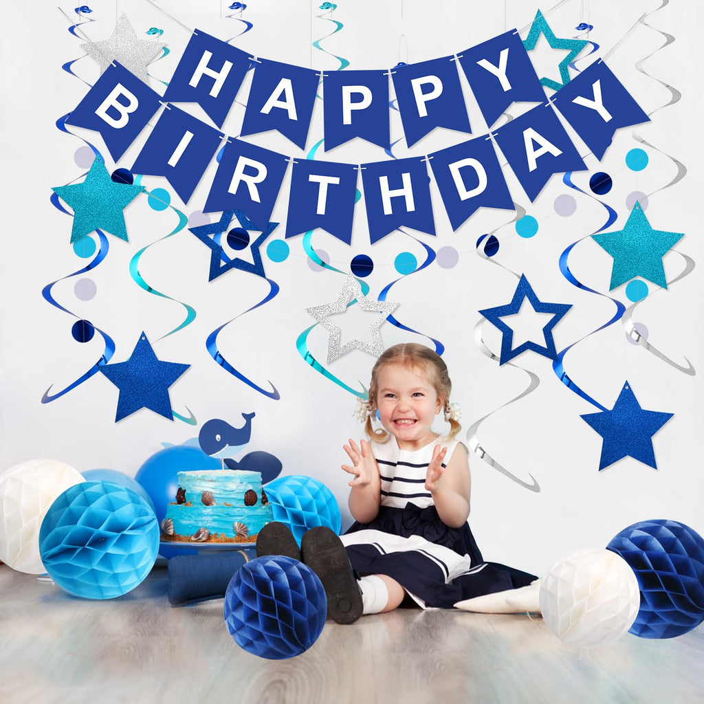 Meowtastic Blue Birthday Decorations Set – Banner, Honeycomb Balls, Stars Streamers & Circle Dots Garland