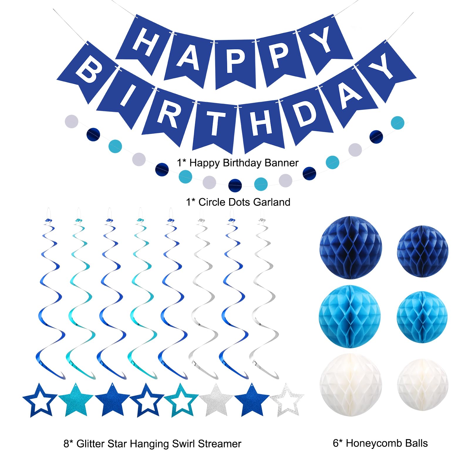 Meowtastic Blue Birthday Decorations Set – Banner, Honeycomb Balls, Stars Streamers & Circle Dots Garland
