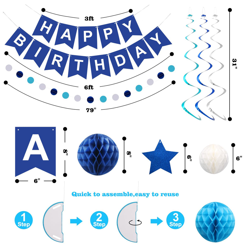 Meowtastic Blue Birthday Decorations Set – Banner, Honeycomb Balls, Stars Streamers & Circle Dots Garland