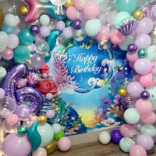Mermaid Balloon Garland Arch Kit – 113 Pastel Pink, Purple, Teal Blue & Clear Latex Balloons with Mermaid Tail & Shell Foil Balloons for Under the Sea Birthday Party Decorations