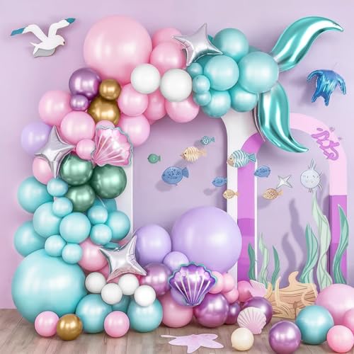 Mermaid Balloon Garland Arch Kit – 113 Pastel Pink, Purple, Teal Blue & Clear Latex Balloons with Mermaid Tail & Shell Foil Balloons for Under the Sea Birthday Party Decorations
