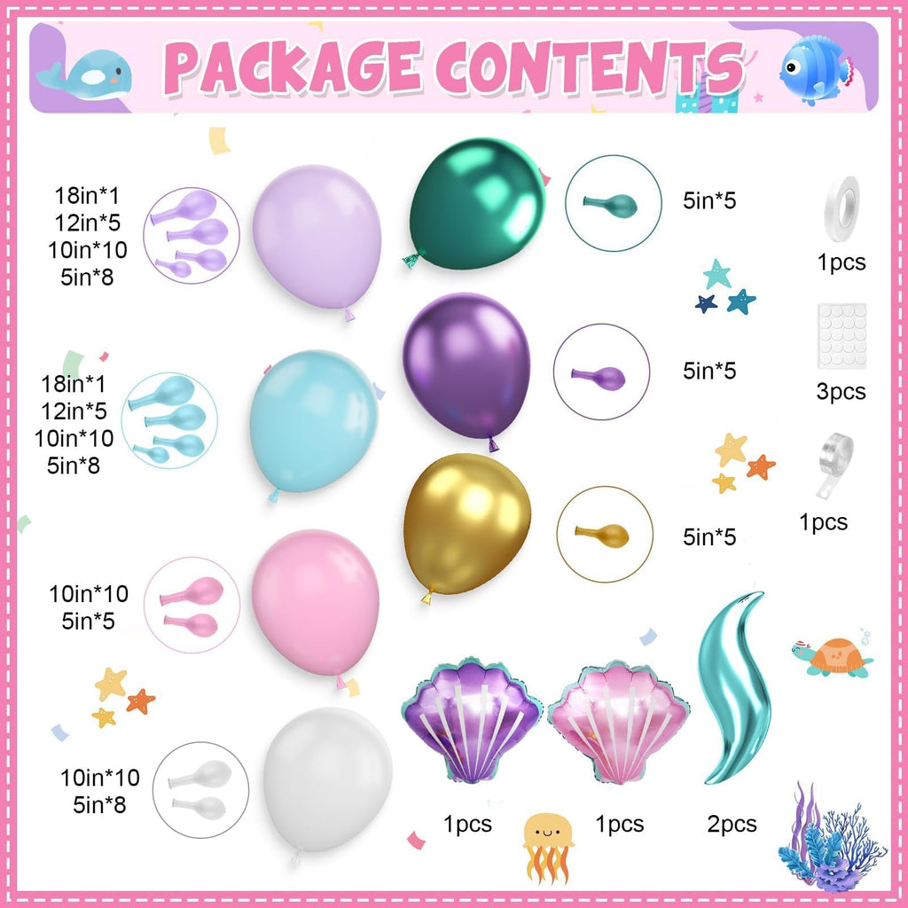 Mermaid Balloon Garland Arch Kit – 113 Pastel Pink, Purple, Teal Blue & Clear Latex Balloons with Mermaid Tail & Shell Foil Balloons for Under the Sea Birthday Party Decorations
