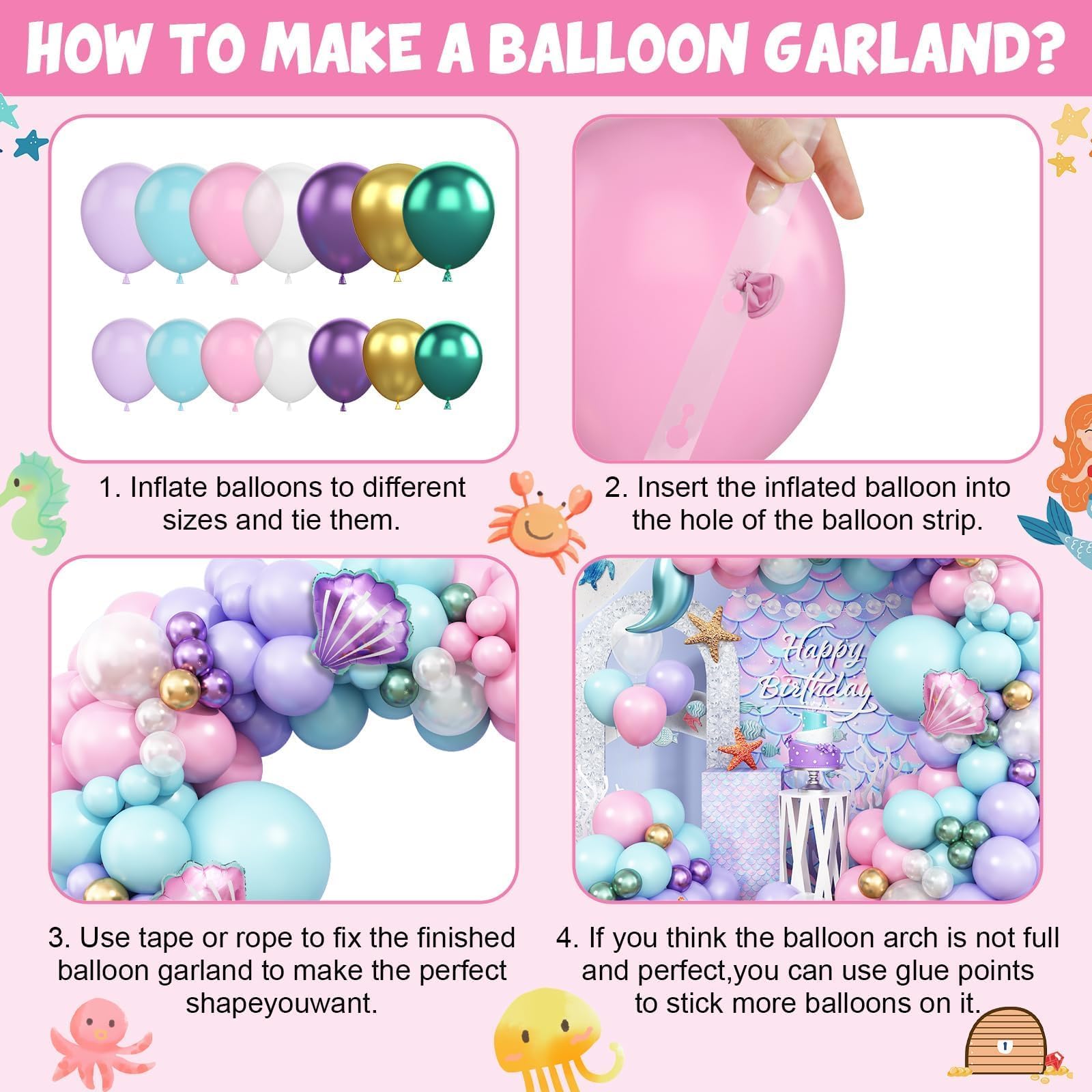 Mermaid Balloon Garland Arch Kit – 113 Pastel Pink, Purple, Teal Blue & Clear Latex Balloons with Mermaid Tail & Shell Foil Balloons for Under the Sea Birthday Party Decorations