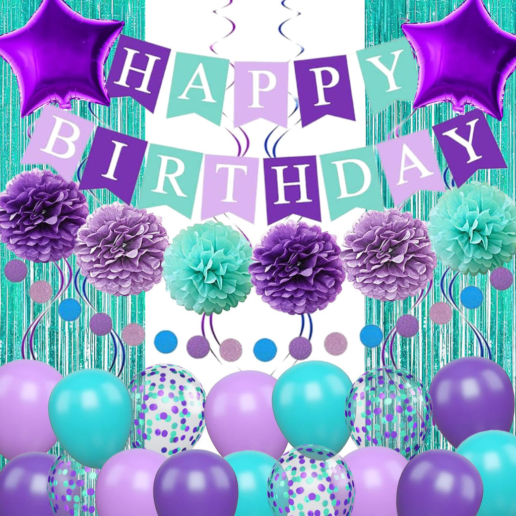 Mermaid Birthday Decorations Set - Purple Teal Blue Balloons, Banner, Garland & More