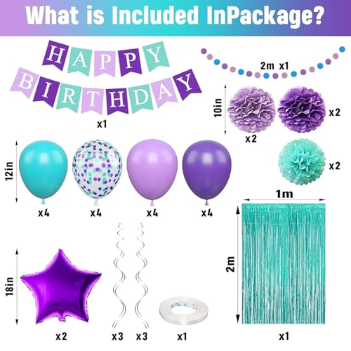 Mermaid Birthday Decorations Set - Purple Teal Blue Balloons, Banner, Garland & More