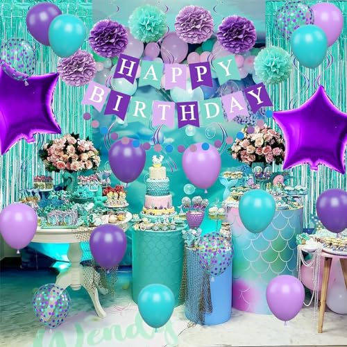 Mermaid Birthday Decorations Set - Purple Teal Blue Balloons, Banner, Garland & More