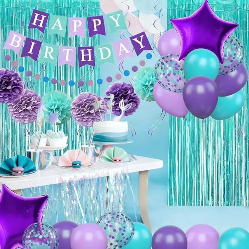 Mermaid Birthday Decorations Set - Purple Teal Blue Balloons, Banner, Garland & More