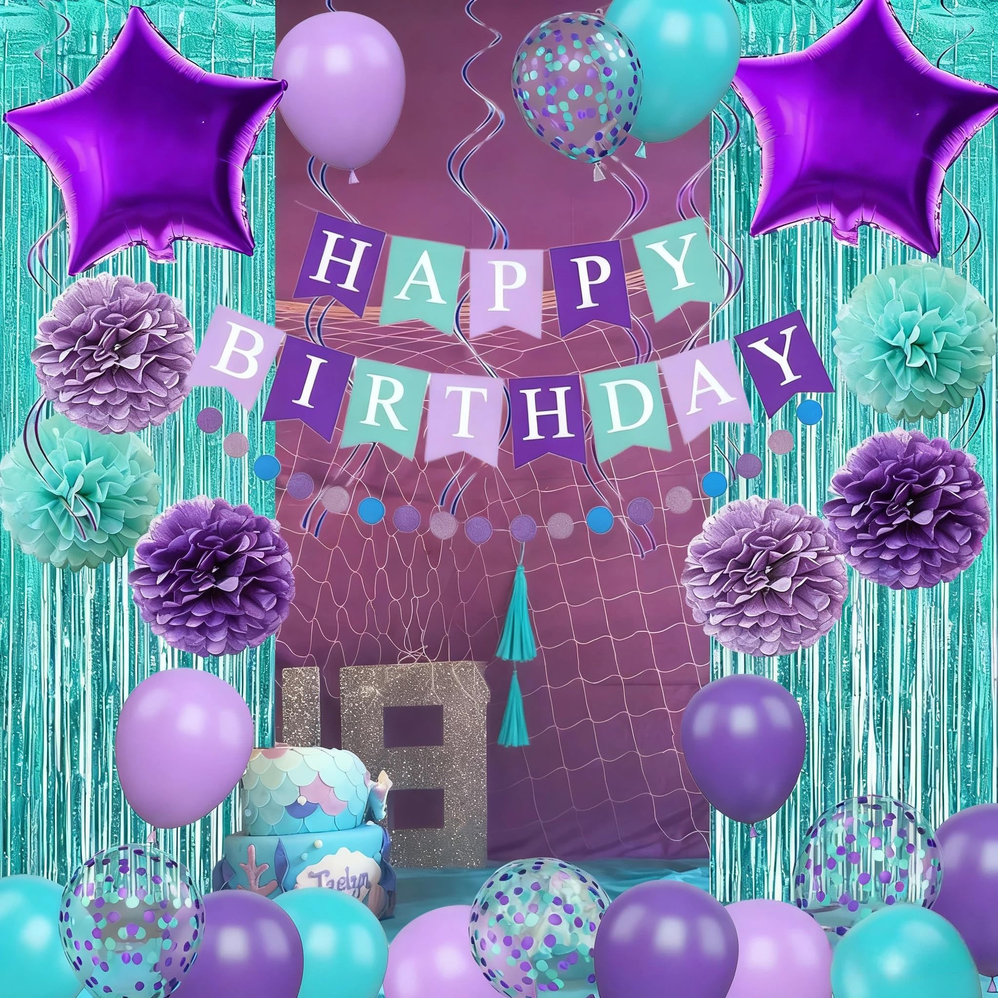 Mermaid Birthday Decorations Set - Purple Teal Blue Balloons, Banner, Garland & More