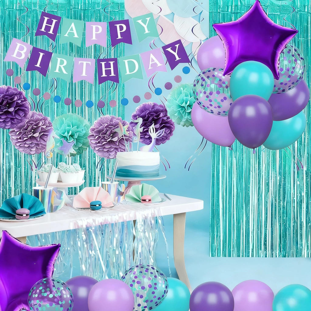Mermaid Birthday Decorations Set - Purple Teal Blue Balloons, Banner, Garland & More