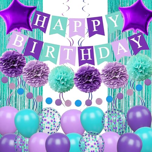 Mermaid Birthday Decorations Set - Purple Teal Blue Balloons, Banner, Garland & More