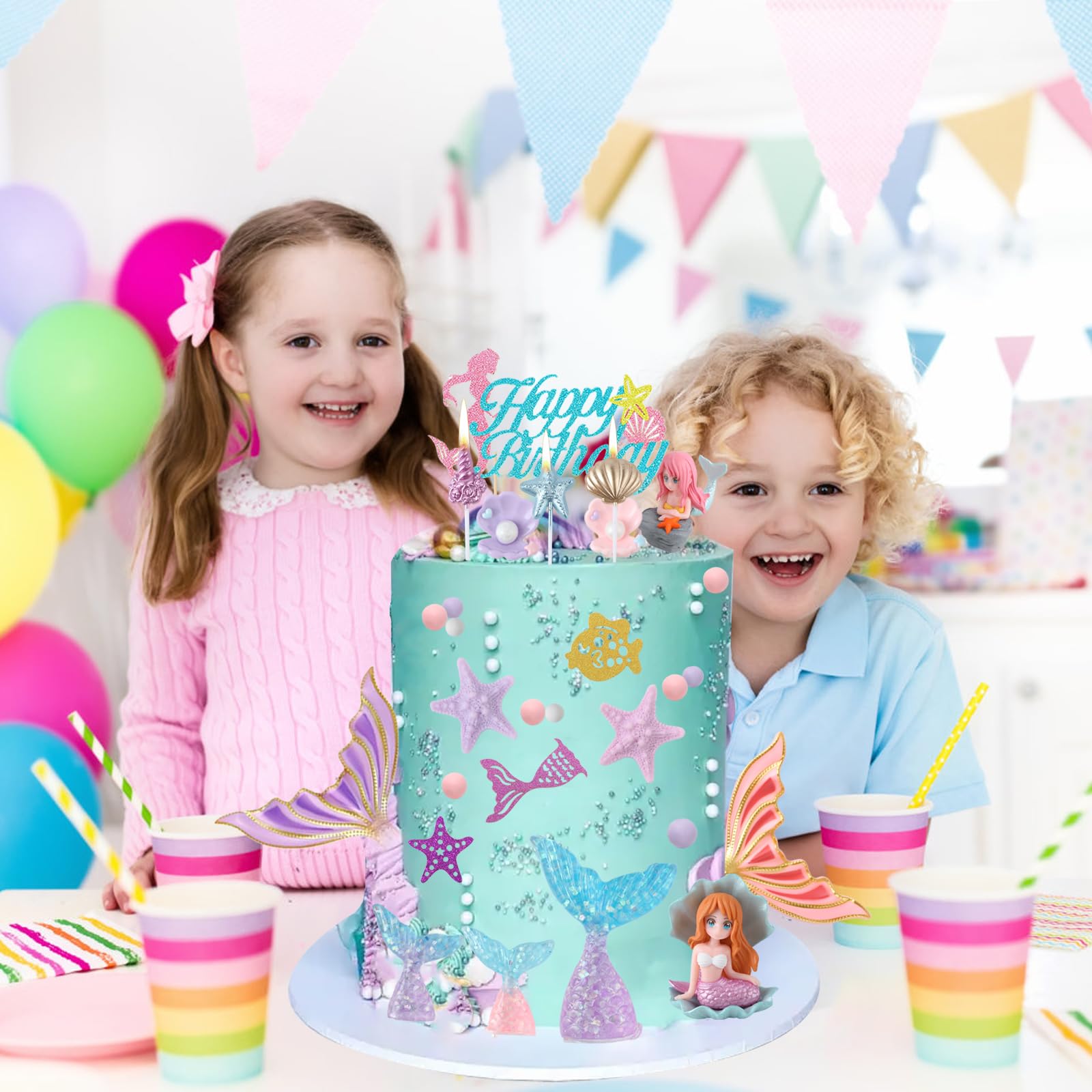 Mermaid Cake Topper Set 31-Piece with Mermaid Tail Candle, Ocean Cake Decorations for Birthday Parties by XLMJDZQ