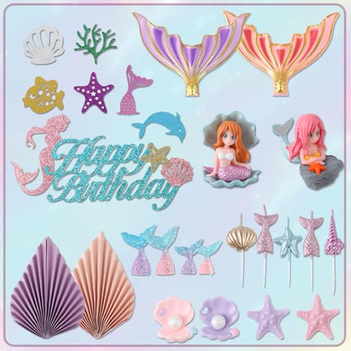 Mermaid Cake Topper Set 31-Piece with Mermaid Tail Candle, Ocean Cake Decorations for Birthday Parties by XLMJDZQ