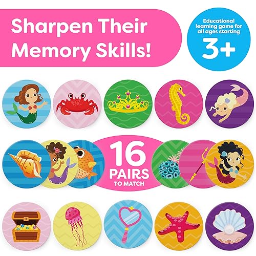 Mermaid Matching Game for Girls 4-6 - 32-Piece Memory Card Game with Storage Box - Momo & Nashi