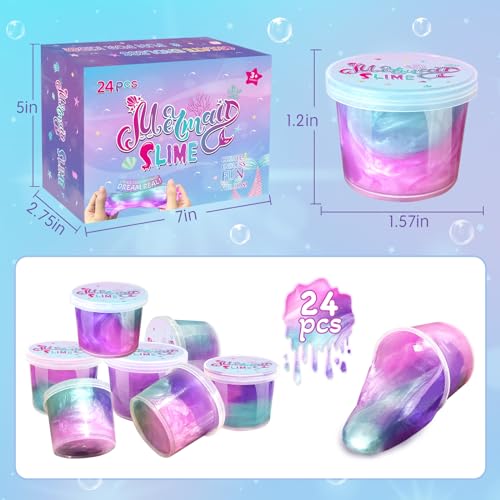 Mermaid Slime Party Favors: 24 Pack with 36 Cups - Non-Sticky, Stretchy Putty for Kids Ages 3-12