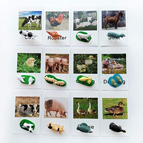 MEROCO Montessori Animal Matching Set - 12 Farm Animal Figurines with Matching Cards for Preschool Language Learning