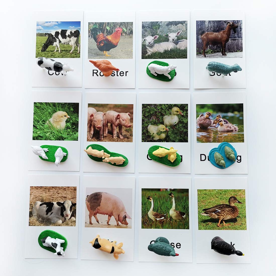 MEROCO Montessori Animal Matching Set - 12 Farm Animal Figurines with Matching Cards for Preschool Language Learning