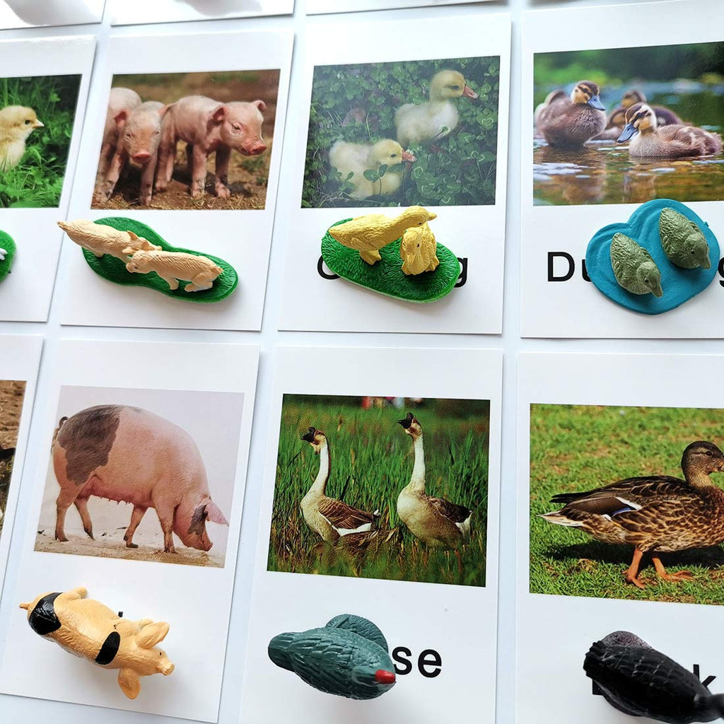 MEROCO Montessori Animal Matching Set - 12 Farm Animal Figurines with Matching Cards for Preschool Language Learning