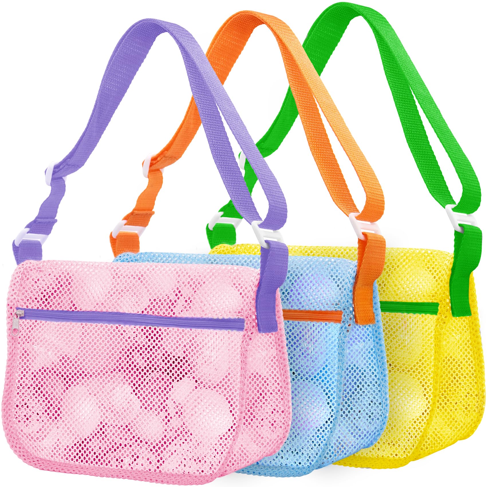 Mesh Beach Bags for Sand Toys - 3 Pack, Adjustable Straps, Zippered Shell Collecting Bags for Kids