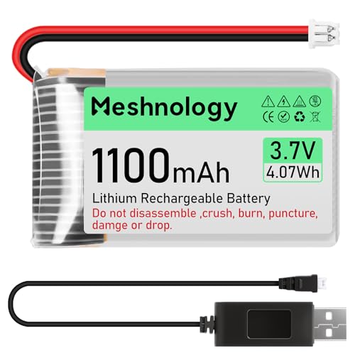 Meshnology 3.7V 1100mAh LiPo Battery with USB Charger and Micro JST 1.25 Plug for Arduino ESP32 RC Drone
