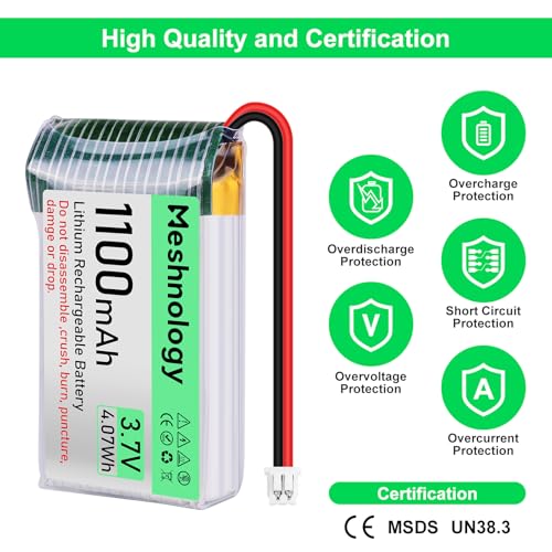 Meshnology 3.7V 1100mAh LiPo Battery with USB Charger and Micro JST 1.25 Plug for Arduino ESP32 RC Drone