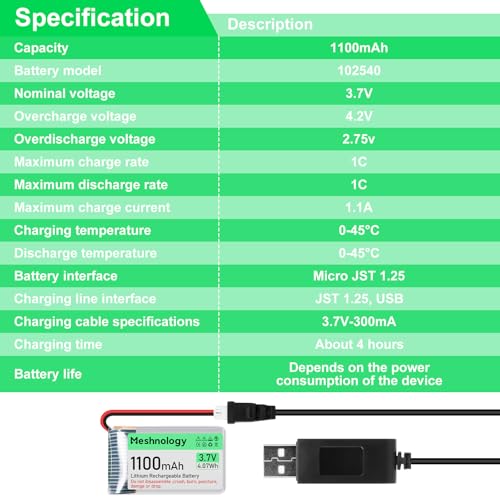 Meshnology 3.7V 1100mAh LiPo Battery with USB Charger and Micro JST 1.25 Plug for Arduino ESP32 RC Drone