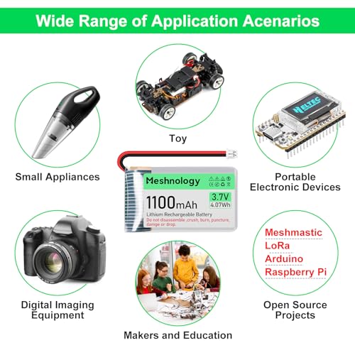 Meshnology 3.7V 1100mAh LiPo Battery with USB Charger and Micro JST 1.25 Plug for Arduino ESP32 RC Drone
