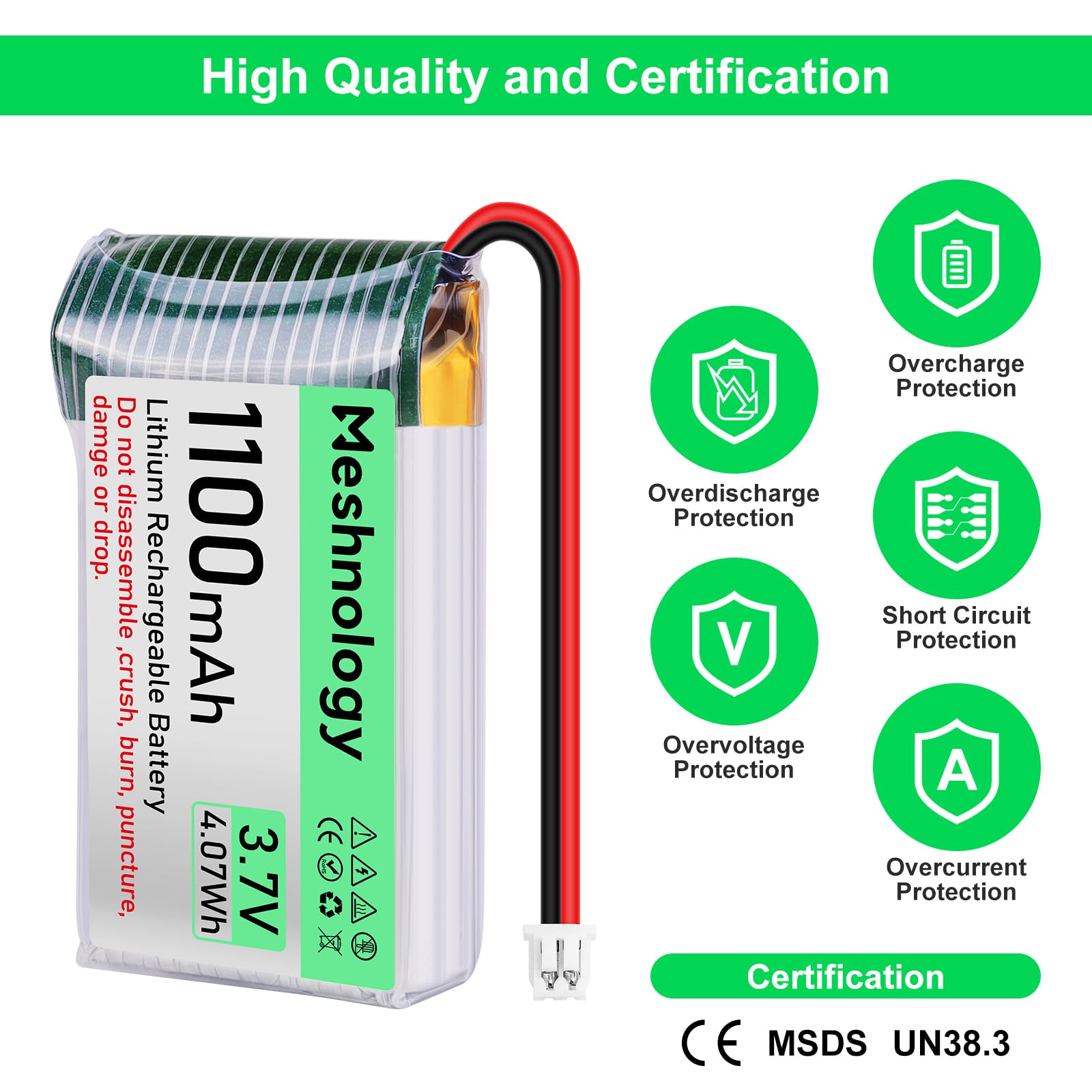 Meshnology 3.7V 1100mAh LiPo Battery with USB Charger and Micro JST 1.25 Plug for Arduino ESP32 RC Drone
