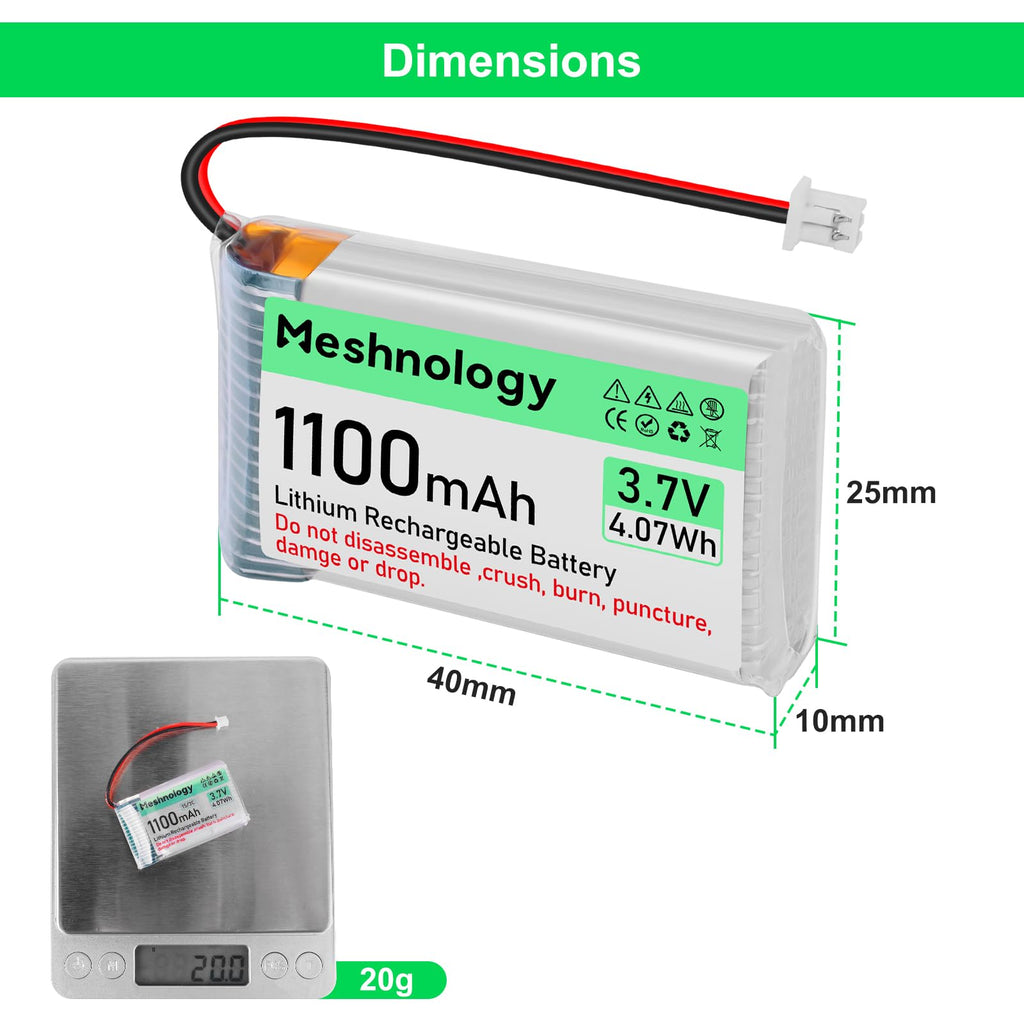 Meshnology 3.7V 1100mAh LiPo Battery with USB Charger and Micro JST 1.25 Plug for Arduino ESP32 RC Drone