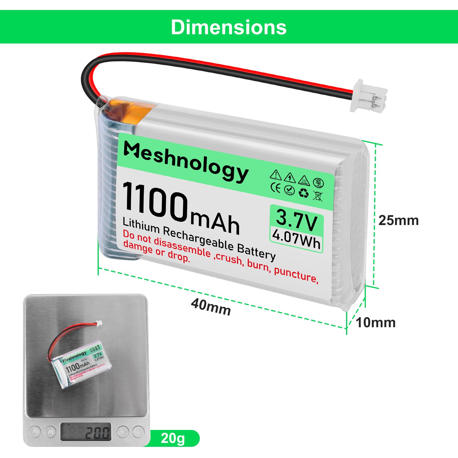 Meshnology 3.7V 1100mAh LiPo Battery with USB Charger and Micro JST 1.25 Plug for Arduino ESP32 RC Drone