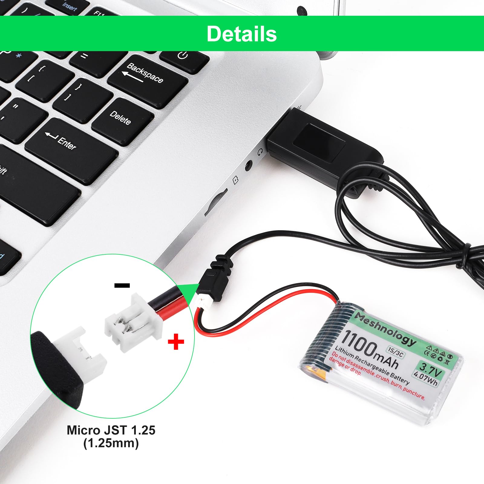 Meshnology 3.7V 1100mAh LiPo Battery with USB Charger and Micro JST 1.25 Plug for Arduino ESP32 RC Drone