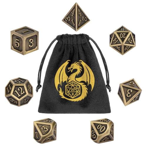 Metal Dice Set 7pcs Polyhedral Bronze DND Dice with Gift Bag - DND DADO
