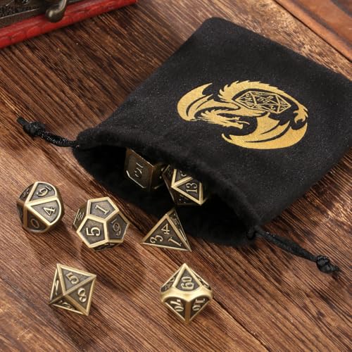 Metal Dice Set 7pcs Polyhedral Bronze DND Dice with Gift Bag - DND DADO
