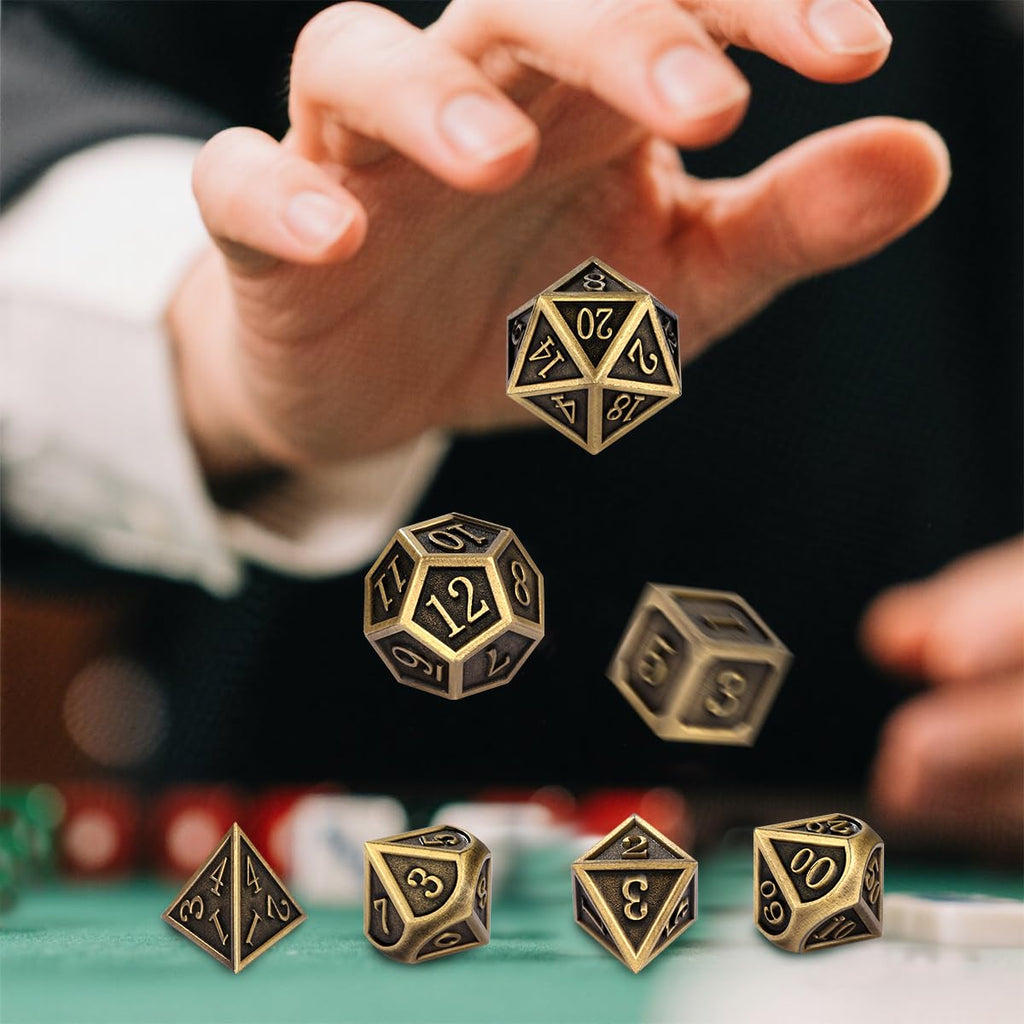 Metal Dice Set 7pcs Polyhedral Bronze DND Dice with Gift Bag - DND DADO