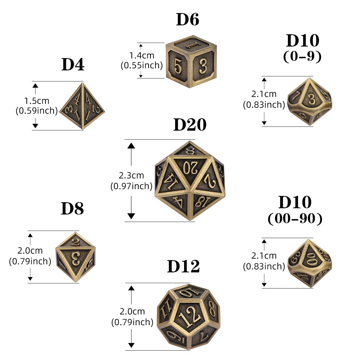 Metal Dice Set 7pcs Polyhedral Bronze DND Dice with Gift Bag - DND DADO