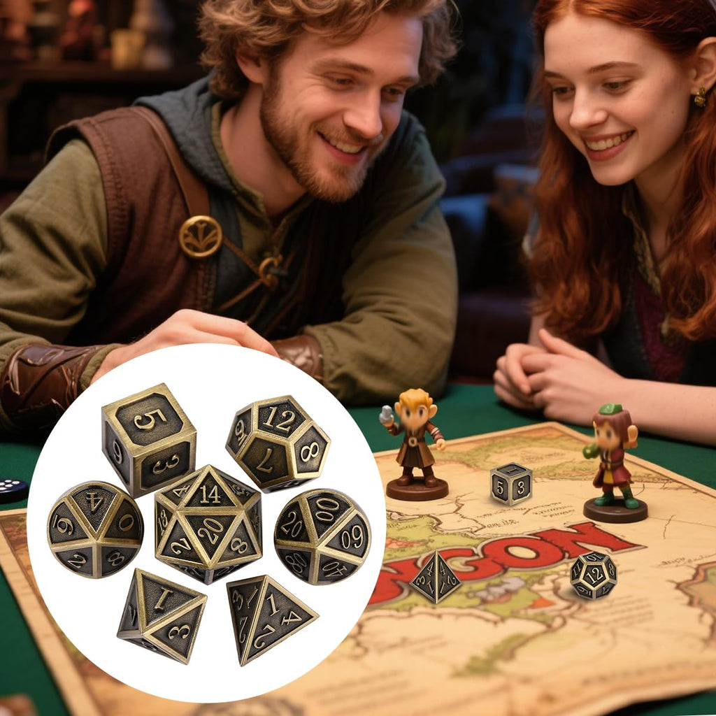 Metal Dice Set 7pcs Polyhedral Bronze DND Dice with Gift Bag - DND DADO