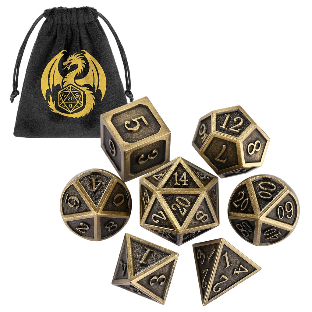 Metal Dice Set 7pcs Polyhedral Bronze DND Dice with Gift Bag - DND DADO