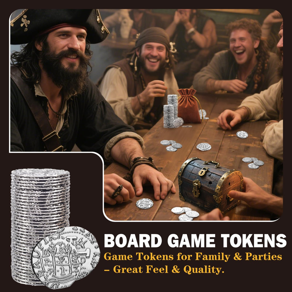 Metal Pirate Coins – 35 Silver Spanish Doubloon Replicas for Games, Costumes & Treasure Hunts (1.18")