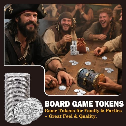 Metal Pirate Coins – 35 Silver Spanish Doubloon Replicas for Games, Costumes & Treasure Hunts (1.18")