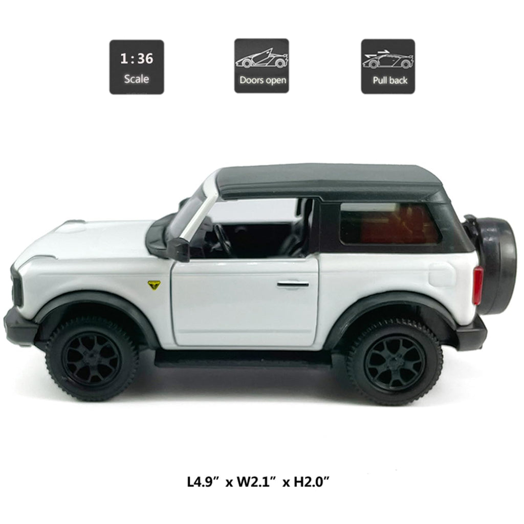 Metanyl 1/36 Scale Diecast 2-Door Bronco Badlands, White, Opening Doors, Pull-Back