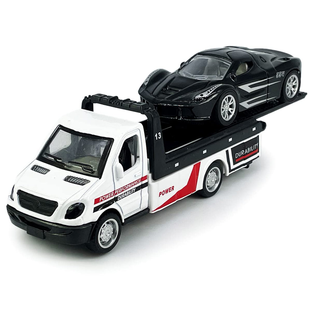 Metanyl Flatbed Truck Toy - Diecast Metal Pull Back Car Carrier with Working Flatbed for Boys Age 3+