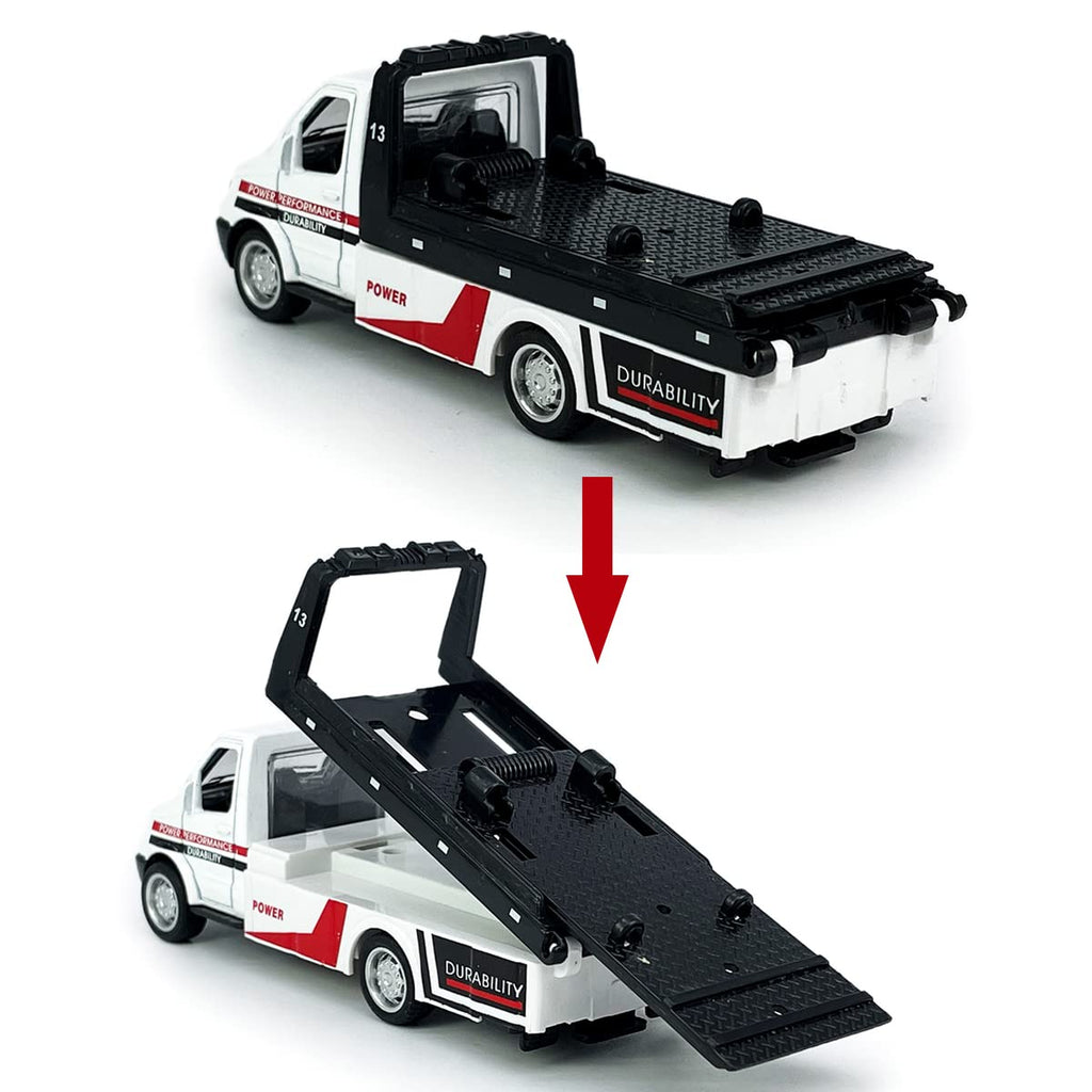 Metanyl Flatbed Truck Toy - Diecast Metal Pull Back Car Carrier with Working Flatbed for Boys Age 3+