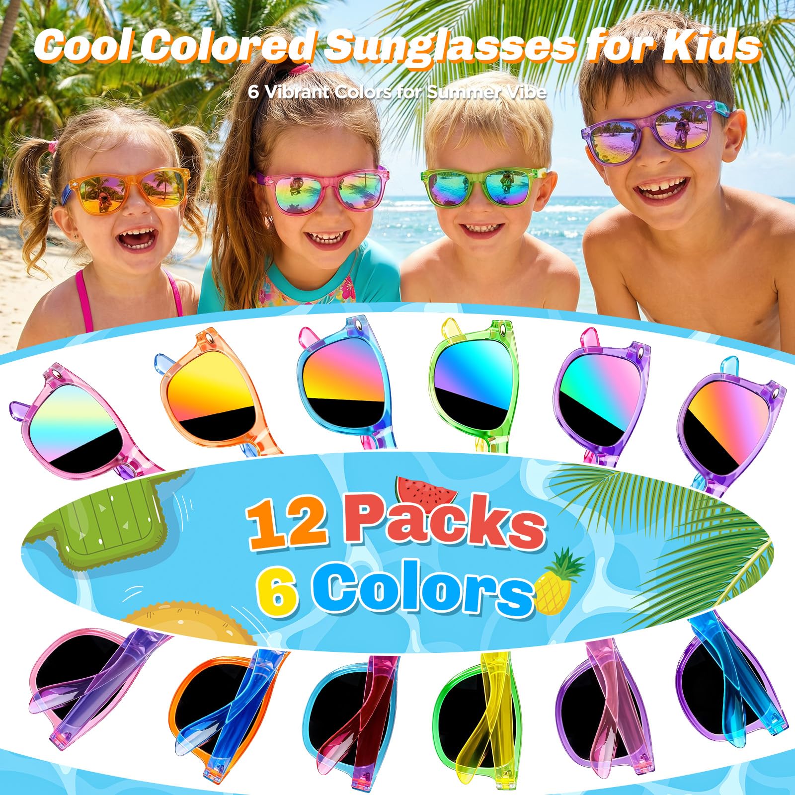 Metemot Kids Sunglasses Bulk 12 Pack - Neon UV400 Party Favors for Ages 3-8