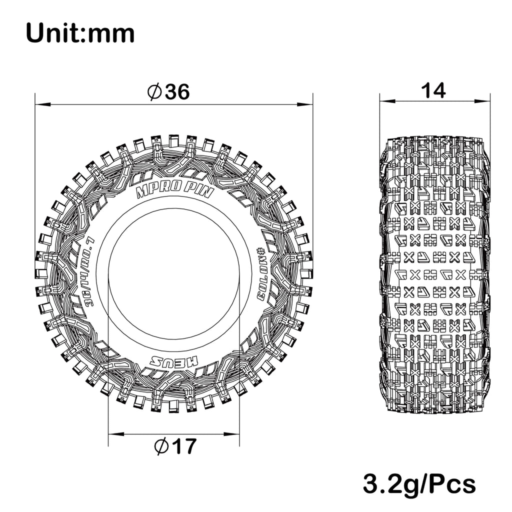 MEUS RACING MS6 MPRO Pin Crawler Tires – 0.7" Beadlock Compatible for 1/30–1/32 RC Crawlers (M0703)