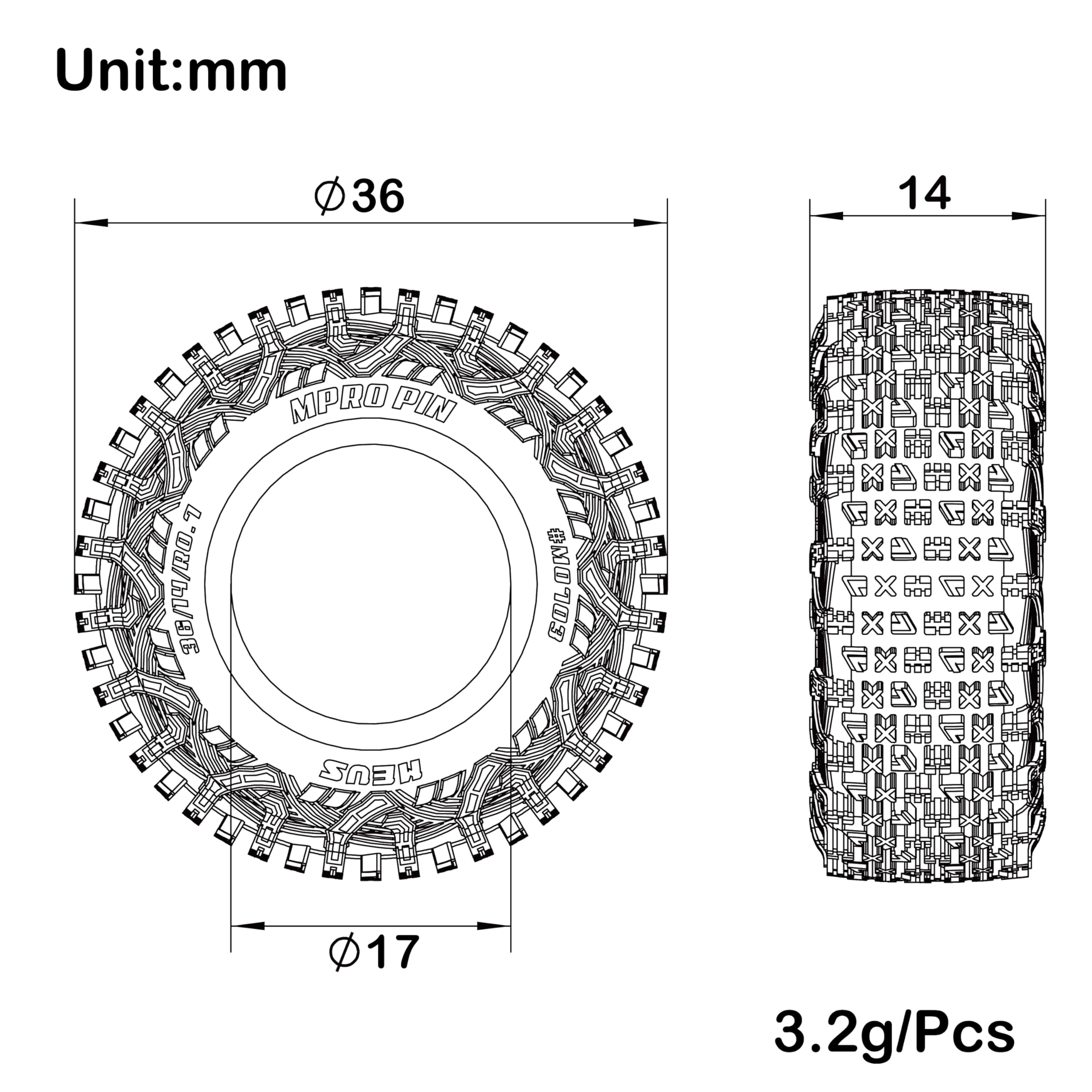 MEUS RACING MS6 MPRO Pin Crawler Tires – 0.7" Beadlock Compatible for 1/30–1/32 RC Crawlers (M0703)
